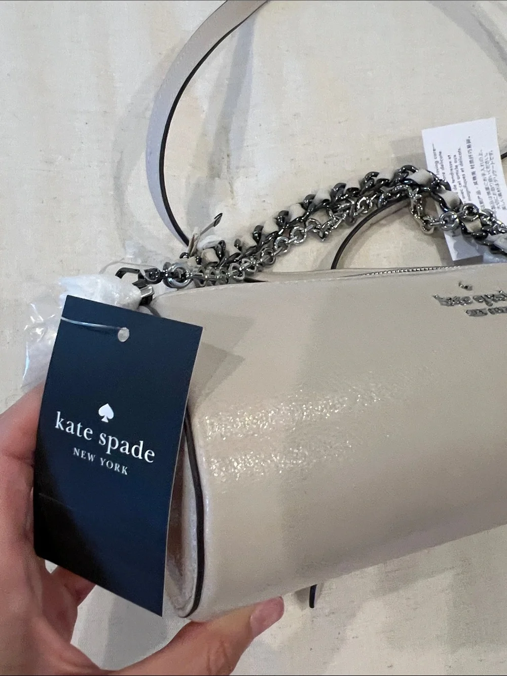 Kate Spade Light Gray Pebbled Leather Chain-Trim Crossbody